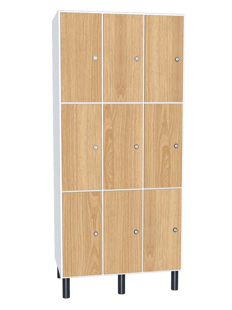 Taquilla de melamina de 9 puertas · 3 cuerpos de 3: Ancho de cada cuerpo: 30 cm (300 mm); Cuerpo: melamina blanco, 16 mm; Puertas: melamina Roble Hera, 16 mm