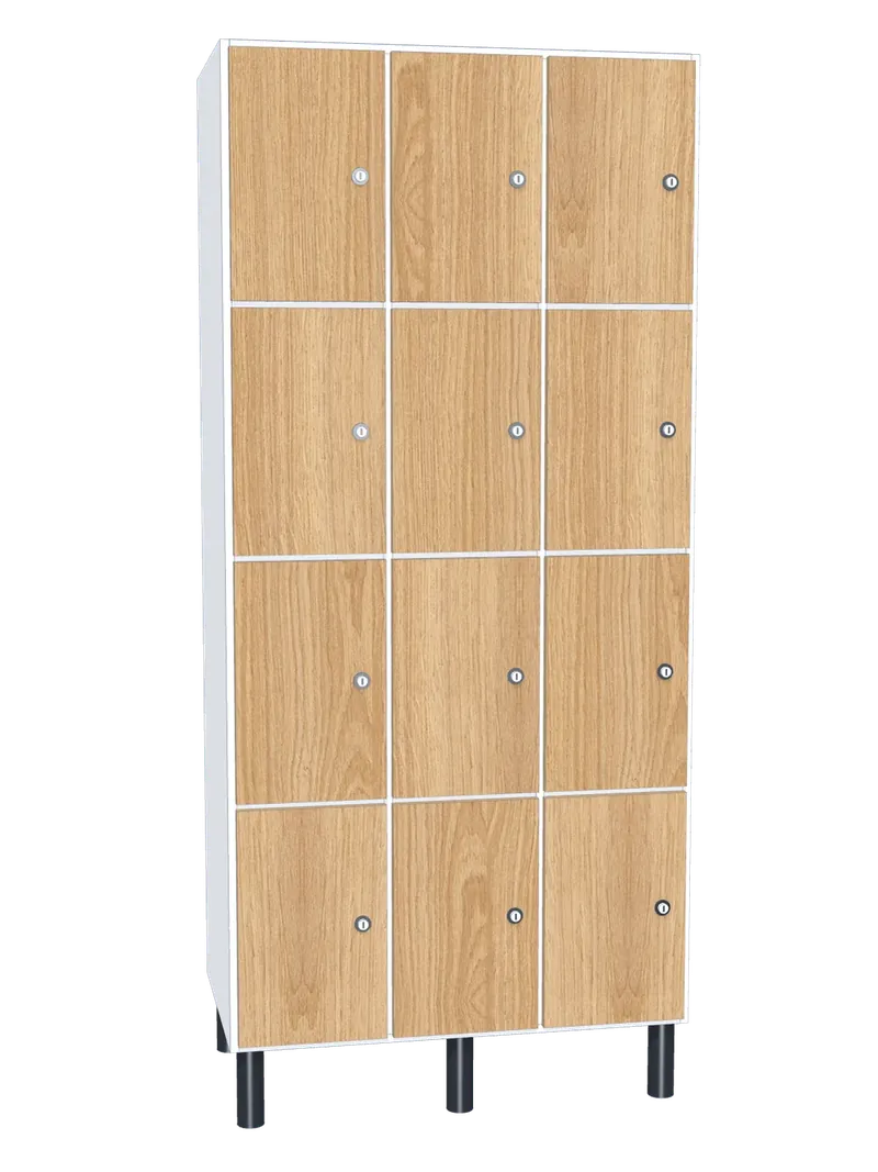 Taquilla de melamina de 12 puertas · 3 cuerpos de 4: Ancho de cada cuerpo: 30 cm (300 mm); Cuerpo: melamina blanco, 16 mm; Puertas: melamina Roble Hera, 16 mm