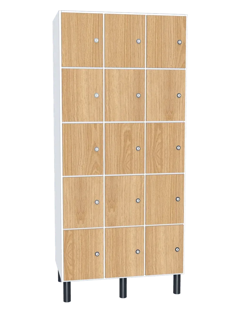 Taquilla de melamina de 15 puertas · 3 cuerpos de 5: Ancho de cada cuerpo: 30 cm (300 mm); Cuerpo: melamina blanco, 16 mm; Puertas: melamina Roble Hera, 16 mm
