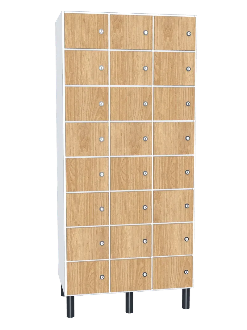 Taquilla de melamina de 24 puertas · 3 cuerpos de 8: Ancho de cada cuerpo: 30 cm (300 mm); Cuerpo: melamina blanco, 16 mm; Puertas: melamina Roble Hera, 16 mm