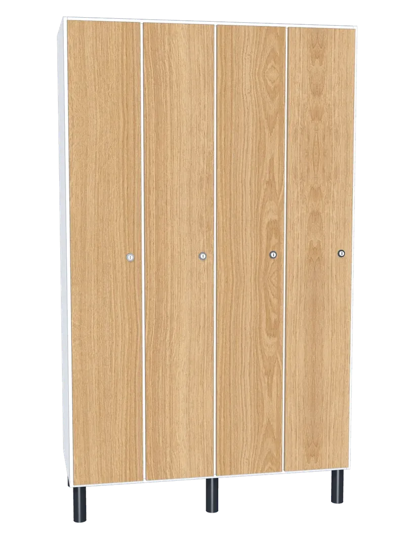 Taquilla de melamina de 4 puertas · 4 cuerpos de 1: Ancho de cada cuerpo: 30 cm (300 mm); Cuerpo: melamina blanco, 16 mm; Puertas: melamina Roble Hera, 16 mm