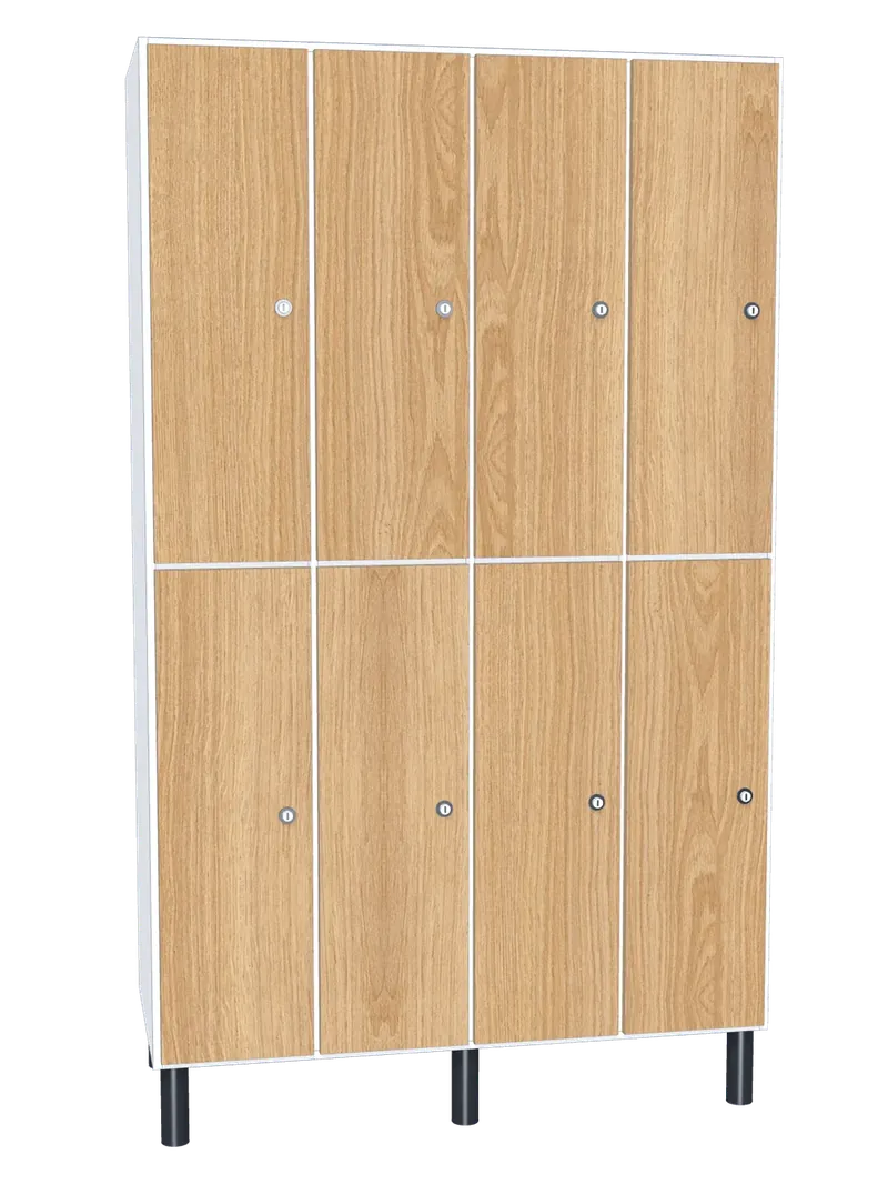 Taquilla de melamina de 8 puertas · 4 cuerpos de 2: Ancho de cada cuerpo: 30 cm (300 mm); Cuerpo: melamina blanco, 16 mm; Puertas: melamina Roble Hera, 16 mm