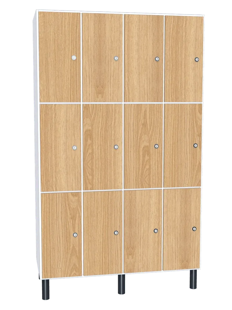 Taquilla de melamina de 12 puertas · 4 cuerpos de 3: Ancho de cada cuerpo: 30 cm (300 mm); Cuerpo: melamina blanco, 16 mm; Puertas: melamina Roble Hera, 16 mm