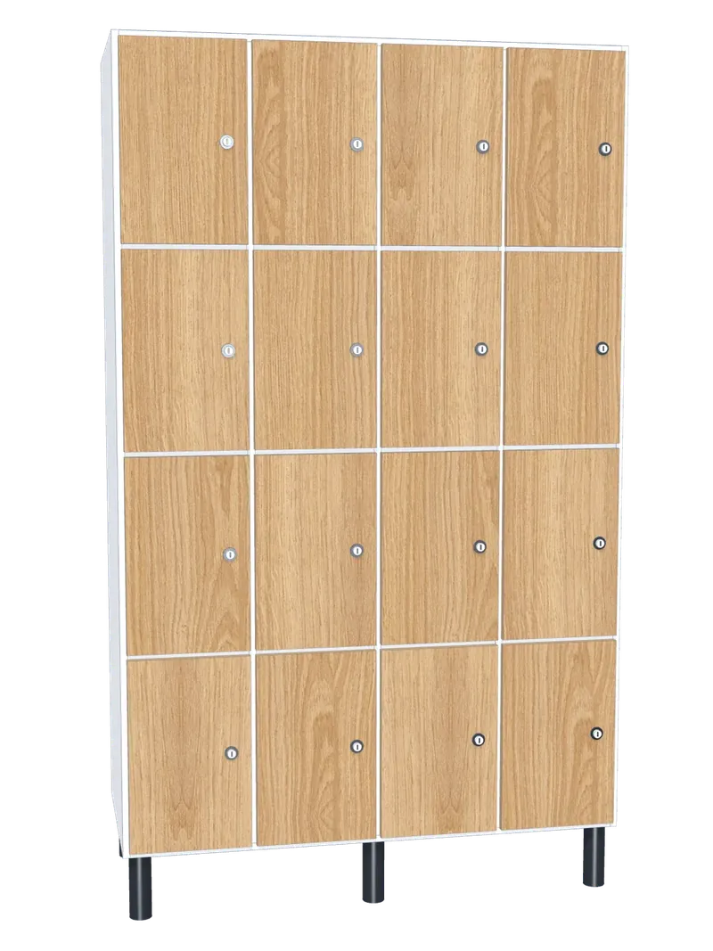 Taquilla de melamina de 16 puertas · 4 cuerpos de 4: Ancho de cada cuerpo: 30 cm (300 mm); Cuerpo: melamina blanco, 16 mm; Puertas: melamina Roble Hera, 16 mm