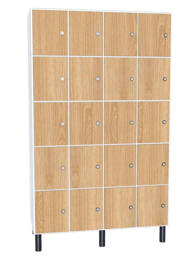 Taquilla de melamina de 20 puertas · 4 cuerpos de 5: Ancho de cada cuerpo: 30 cm (300 mm); Cuerpo: melamina blanco, 16 mm; Puertas: melamina Roble Hera, 16 mm