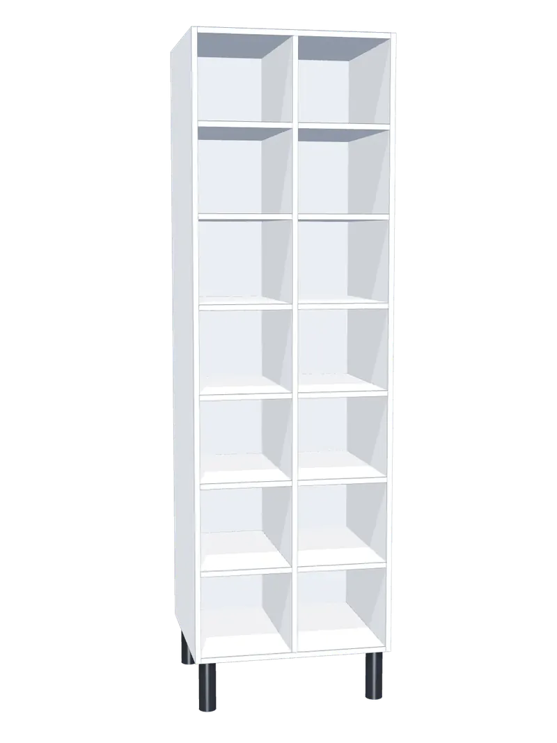 Taquilla de melamina sin puertas de 14 huecos · 2 cuerpos de 7: Ancho de cada cuerpo: 30 cm (300 mm); Cuerpo: melamina blanco, 16 mm