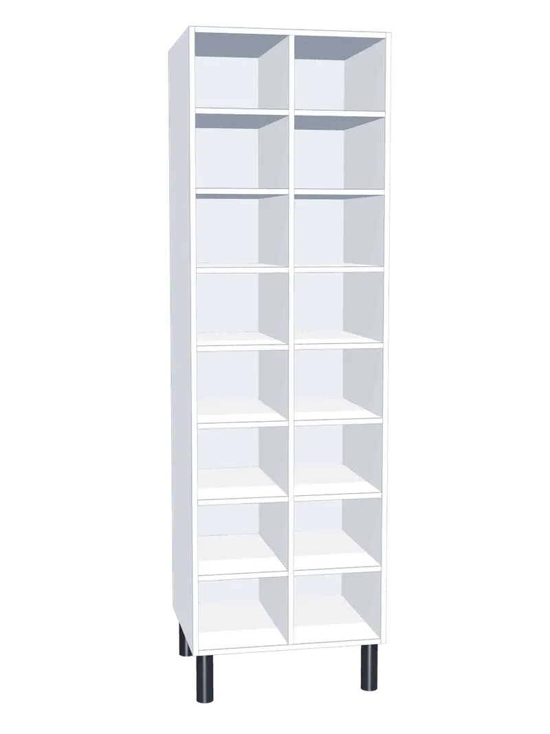 Taquilla de melamina sin puertas de 16 huecos · 2 cuerpos de 8: Ancho de cada cuerpo: 30 cm (300 mm); Cuerpo: melamina blanco, 16 mm