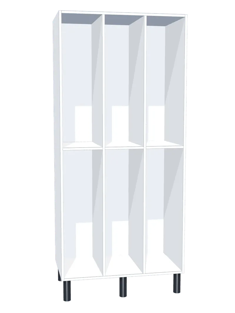 Taquilla de melamina sin puertas de 6 huecos · 3 cuerpos de 2: Ancho de cada cuerpo: 30 cm (300 mm); Cuerpo: melamina blanco, 16 mm; Con: barra de colgar