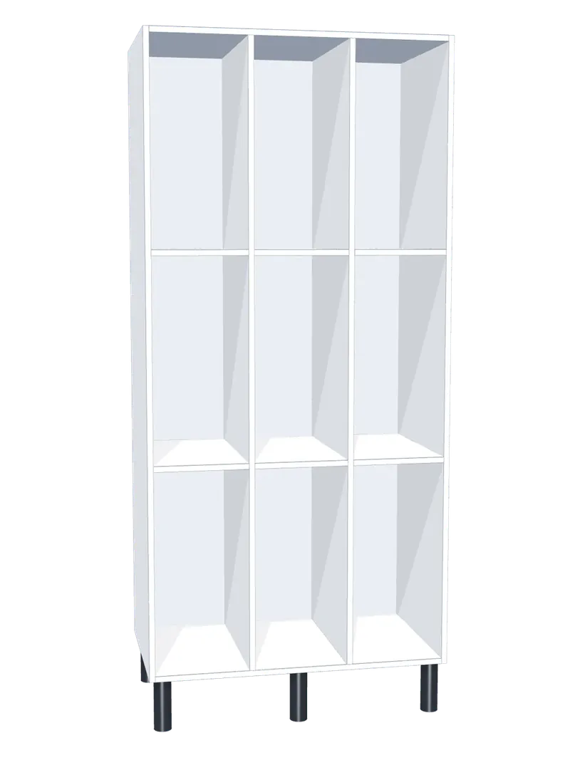 Taquilla de melamina sin puertas de 9 huecos · 3 cuerpos de 3: Ancho de cada cuerpo: 30 cm (300 mm); Cuerpo: melamina blanco, 16 mm