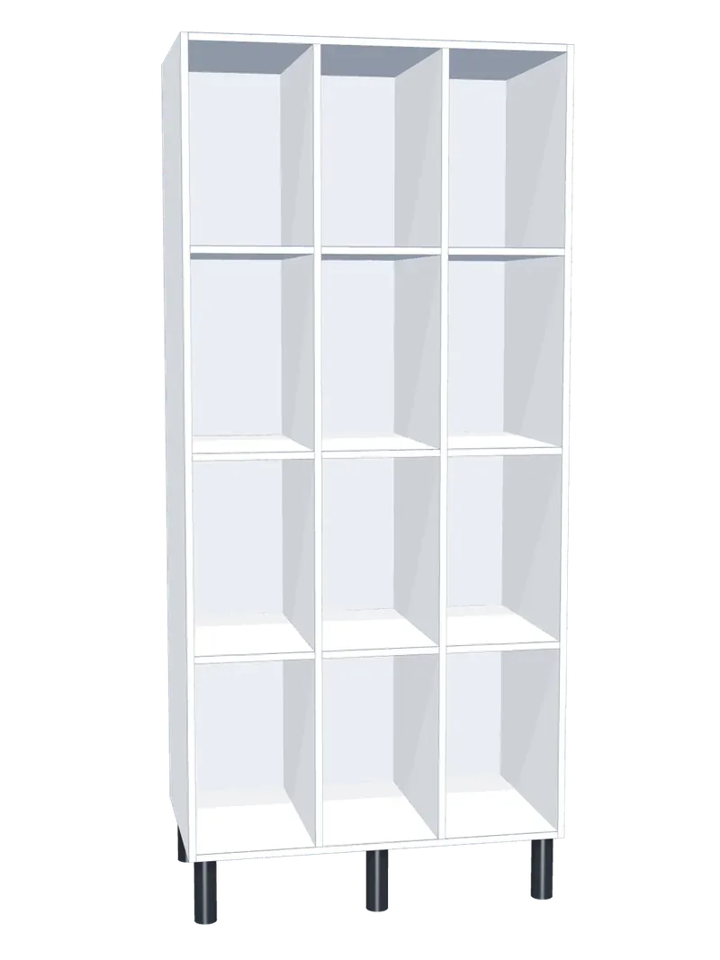 Taquilla de melamina sin puertas de 12 huecos · 3 cuerpos de 4: Ancho de cada cuerpo: 30 cm (300 mm); Cuerpo: melamina blanco, 16 mm
