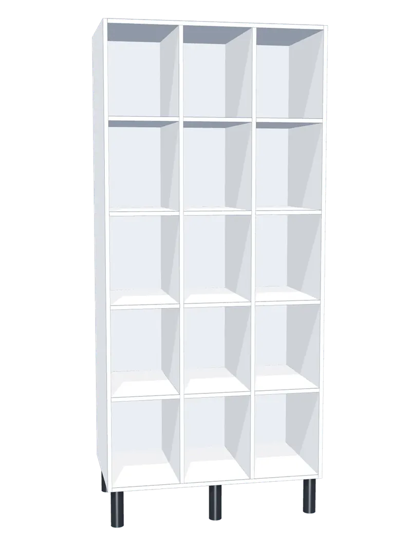 Taquilla de melamina sin puertas de 15 huecos · 3 cuerpos de 5: Ancho de cada cuerpo: 30 cm (300 mm); Cuerpo: melamina blanco, 16 mm