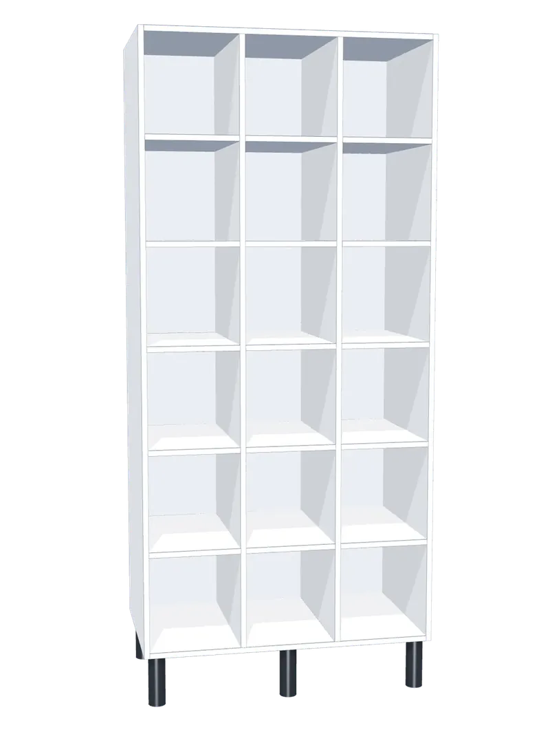 Taquilla de melamina sin puertas de 18 huecos · 3 cuerpos de 6: Ancho de cada cuerpo: 30 cm (300 mm); Cuerpo: melamina blanco, 16 mm