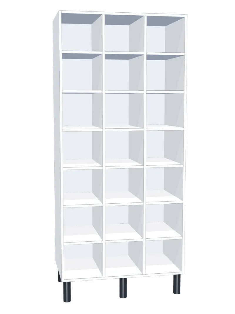Taquilla de melamina sin puertas de 21 huecos · 3 cuerpos de 7: Ancho de cada cuerpo: 30 cm (300 mm); Cuerpo: melamina blanco, 16 mm