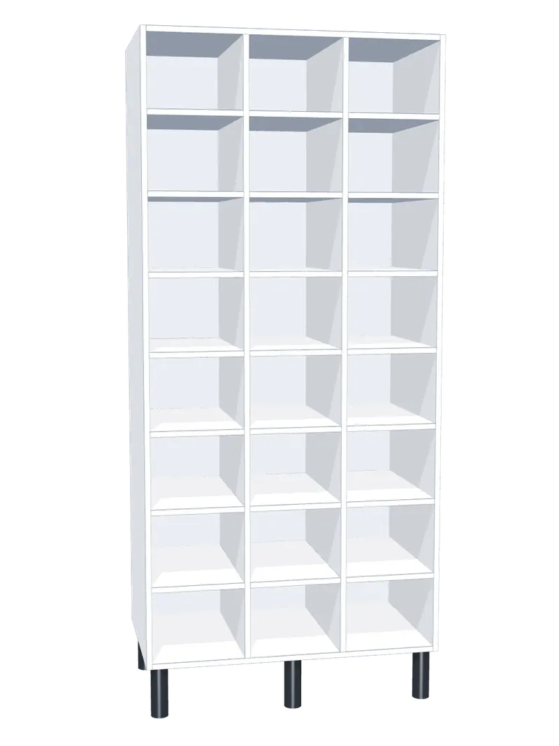 Taquilla de melamina sin puertas de 24 huecos · 3 cuerpos de 8: Ancho de cada cuerpo: 30 cm (300 mm); Cuerpo: melamina blanco, 16 mm