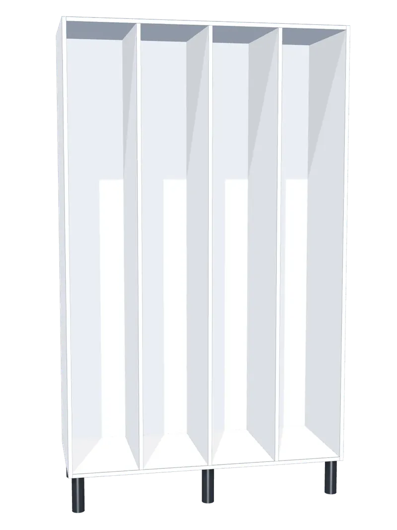 Taquilla de melamina sin puertas de 4 huecos · 4 cuerpos de 1: Ancho de cada cuerpo: 30 cm (300 mm); Cuerpo: melamina blanco, 16 mm; Con: 1 estante adicional, barra de colgar
