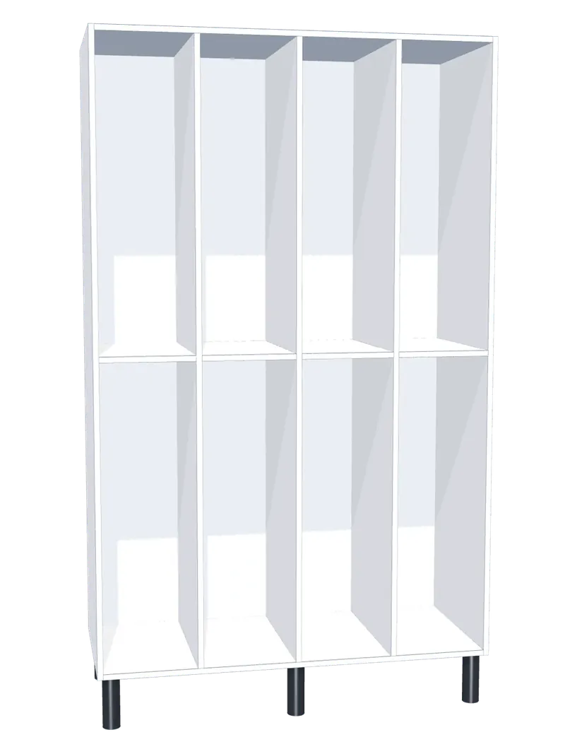 Taquilla de melamina sin puertas de 8 huecos · 4 cuerpos de 2: Ancho de cada cuerpo: 30 cm (300 mm); Cuerpo: melamina blanco, 16 mm; Con: barra de colgar
