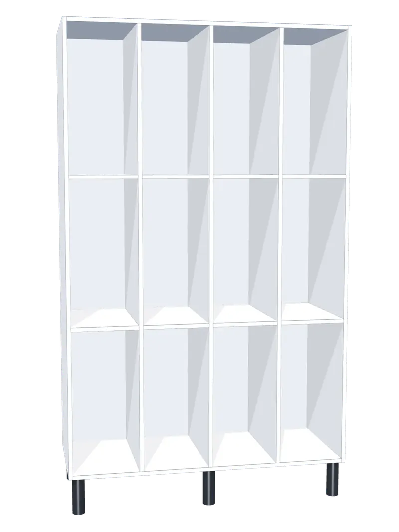 Taquilla de melamina sin puertas de 12 huecos · 4 cuerpos de 3: Ancho de cada cuerpo: 30 cm (300 mm); Cuerpo: melamina blanco, 16 mm