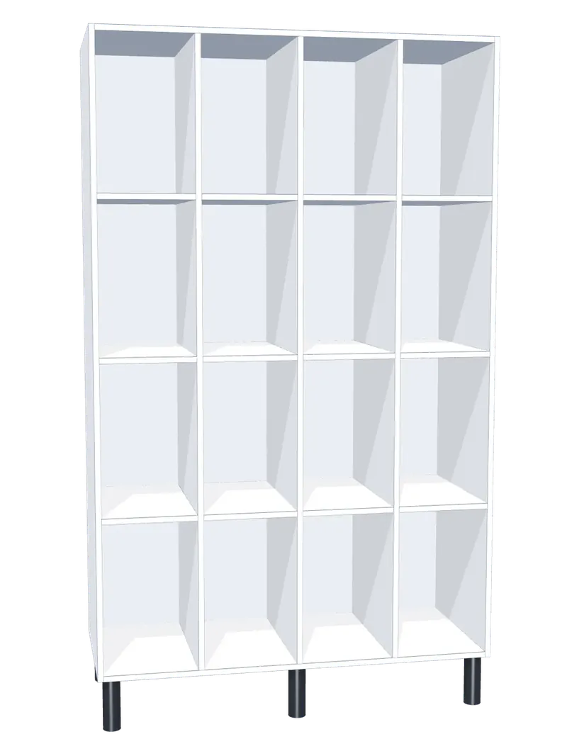 Taquilla de melamina sin puertas de 16 huecos · 4 cuerpos de 4: Ancho de cada cuerpo: 30 cm (300 mm); Cuerpo: melamina blanco, 16 mm