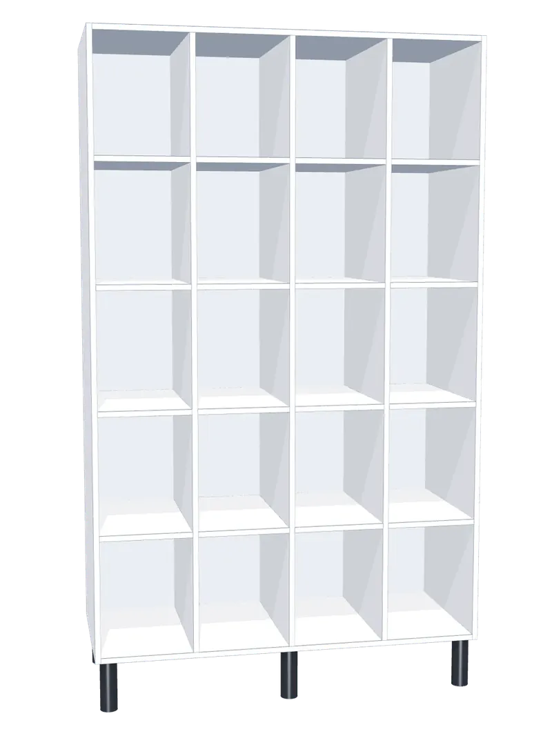 Taquilla de melamina sin puertas de 20 huecos · 4 cuerpos de 5: Ancho de cada cuerpo: 30 cm (300 mm); Cuerpo: melamina blanco, 16 mm