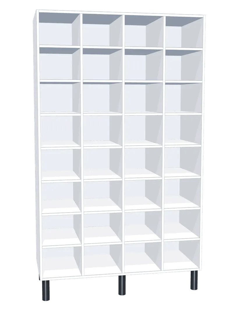 Taquilla de melamina sin puertas de 32 huecos · 4 cuerpos de 8: Ancho de cada cuerpo: 30 cm (300 mm); Cuerpo: melamina blanco, 16 mm