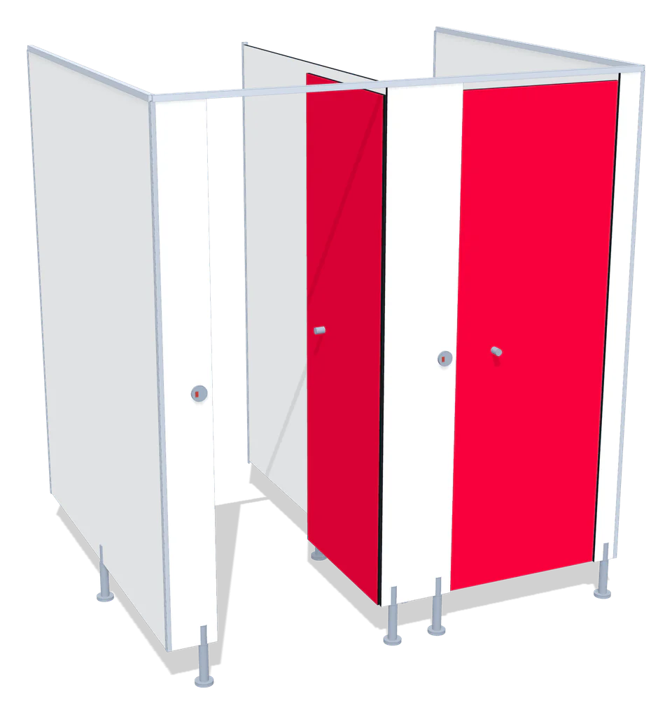 Render de cabinas sanitarias de tipo 4: perfil de coronación de aluminio y sobre pies regulables