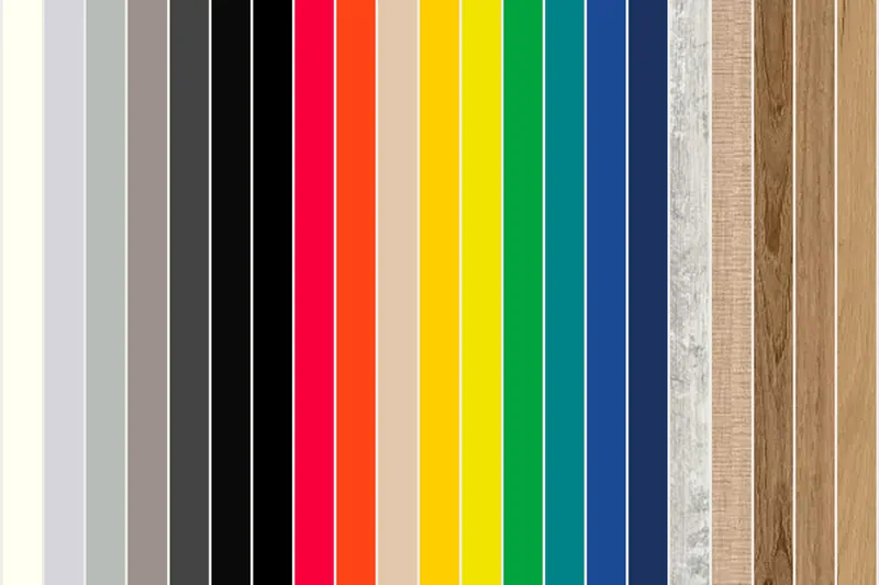 Carta de colores del compacto fenólico HPL: lisos, del blanco al azul, y maderas