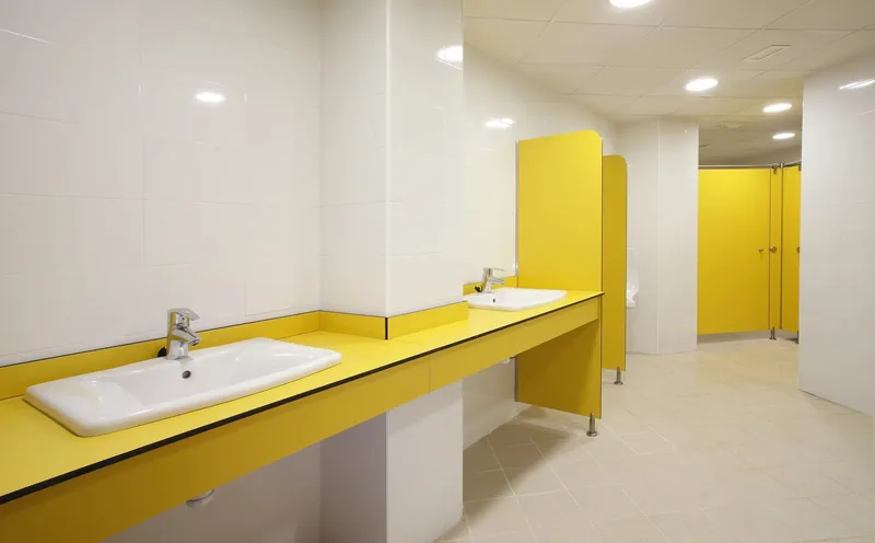 Encimera fenólica amarilla con dos lavabos encastrados y separadores de urinario a juego, con cabinas amarillas al fondo