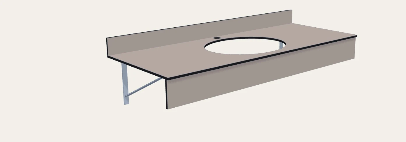 Render de una encimera fenólica contra una pared, de 1500 × 600 mm con un seno, copete y faldón