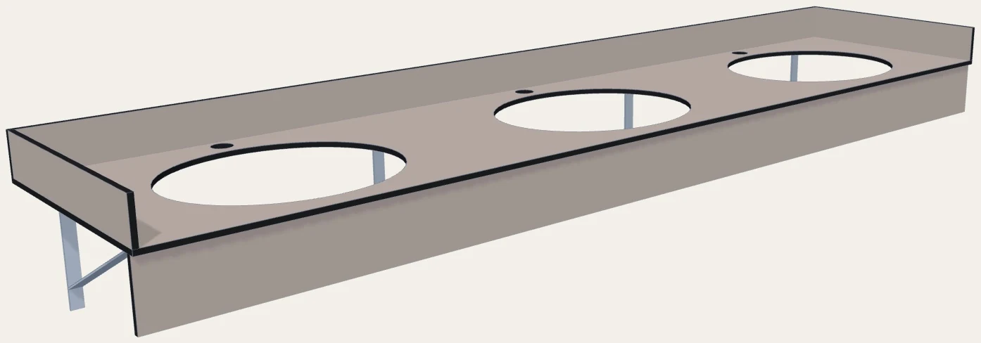 Render de una encimera fenólica entre dos paredes, de 2600 × 600 mm con tres senos y copete en los dos extremos