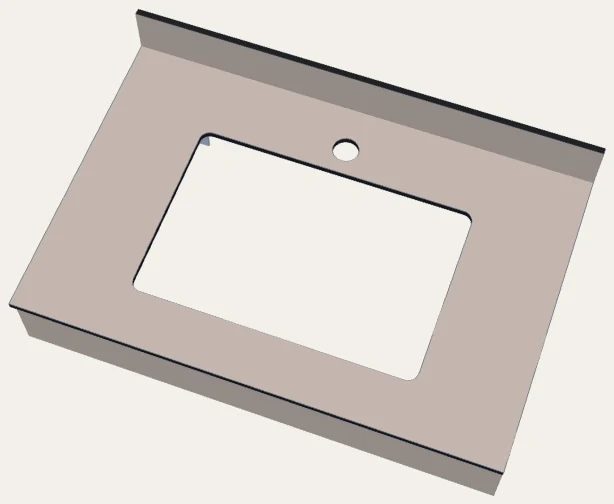 Render de un seno rectangular a medida, más estrecho y separado del canto, en una encimera fenólica