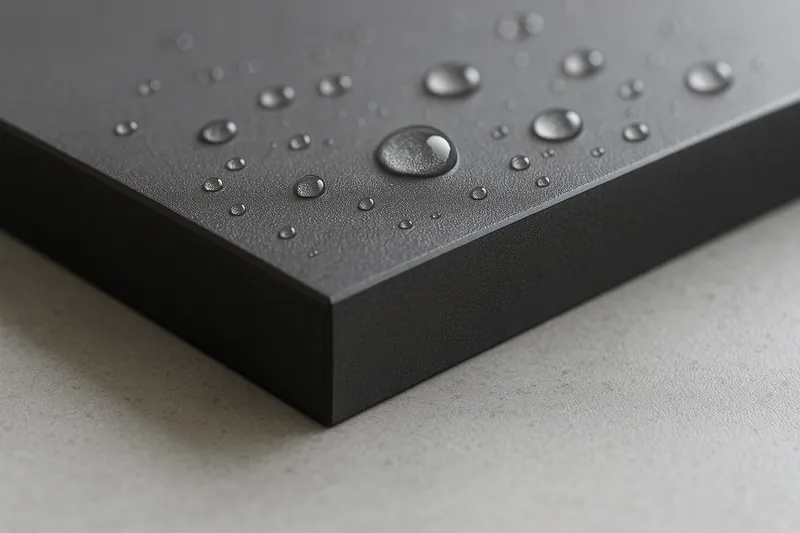 Canto mecanizado de un tablero de compacto fenólico antracita con gotas de agua sobre la superficie