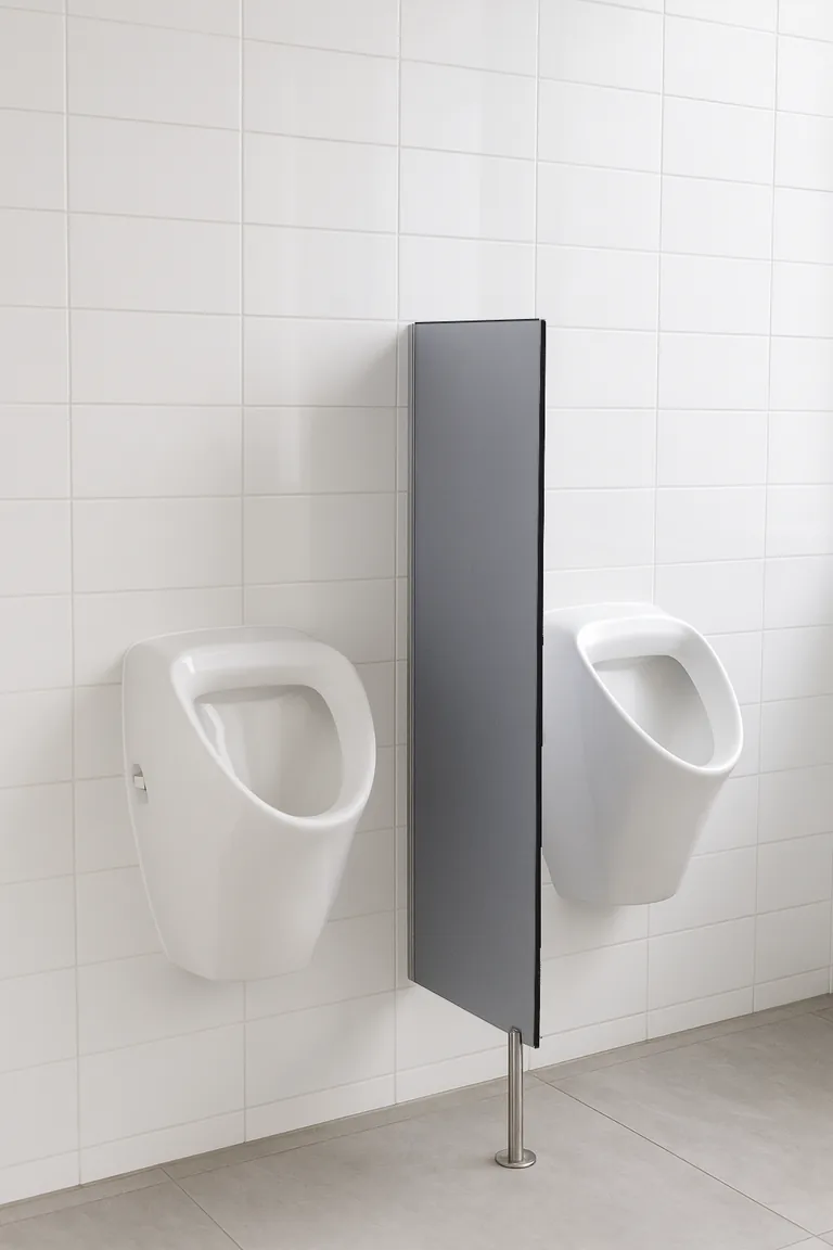 Ilustración de un separador de urinario alto de compacto fenólico gris de 12 mm entre dos urinarios, con perfil en U de acero inoxidable a la pared y pie regulable al suelo