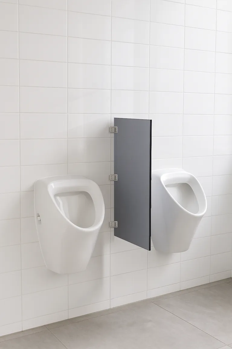 Ilustración de un separador de urinario de compacto fenólico gris de 12 mm, con el canto negro, suspendido de la pared con pinzas de acero inoxidable entre dos urinarios