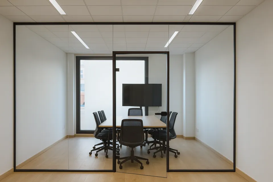 Sala de reuniones cerrada con mampara de cristal de perfil negro y puerta de cristal
