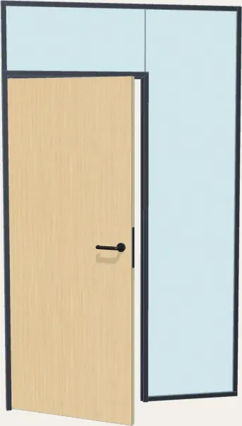 Puerta con hoja de madera en el cerco de aluminio de la mampara de cristal, con fijo encima