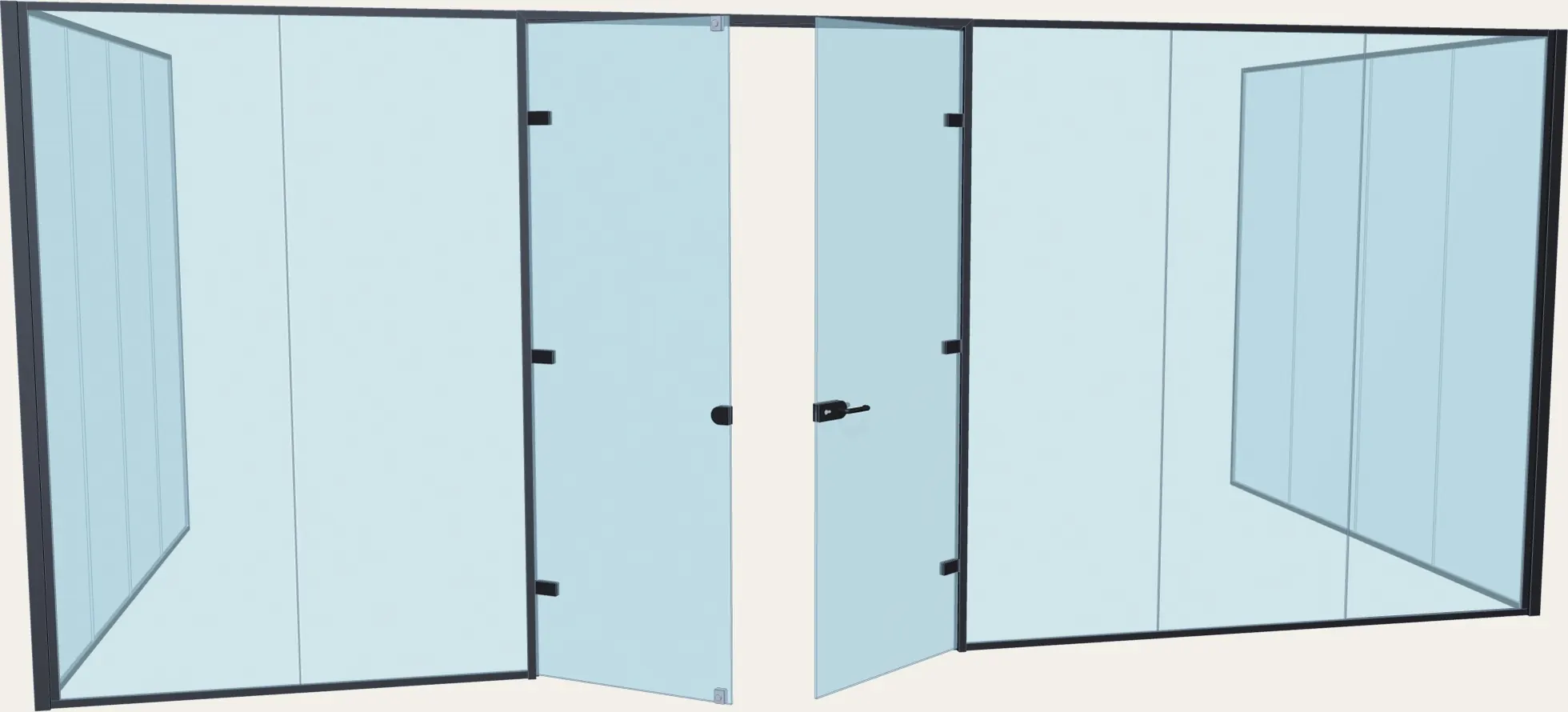 Render de una sala de reuniones con mampara monovidrio, puerta de dos hojas y perfilería en negro