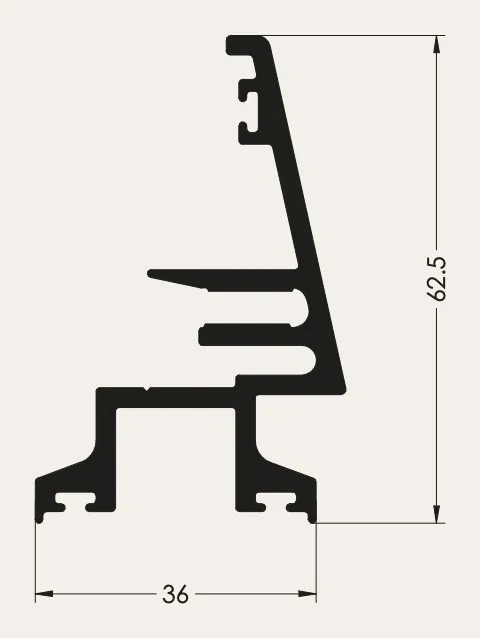 Sección del perfil base de aluminio de 36 × 62,5 mm, con el presor y la tapeta, con cotas en mm