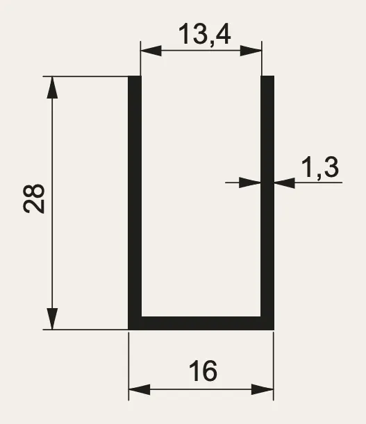 Sección de la U de aluminio de 16 × 28 mm que recibe el vidrio arriba y abajo, con cotas en mm