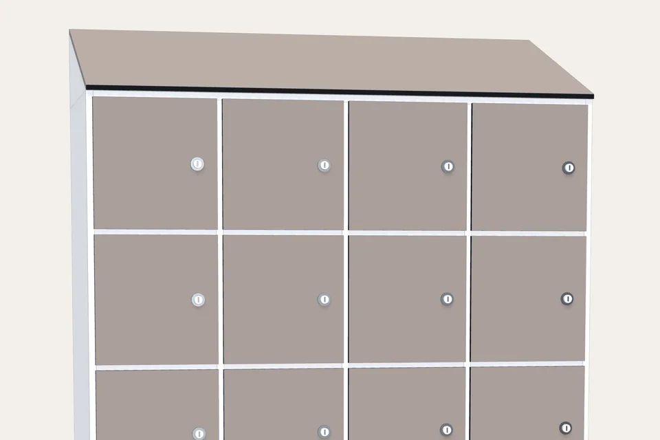 Render de la parte de arriba de una taquilla de casilleros de cuatro cuerpos con tejadillo, el remate inclinado