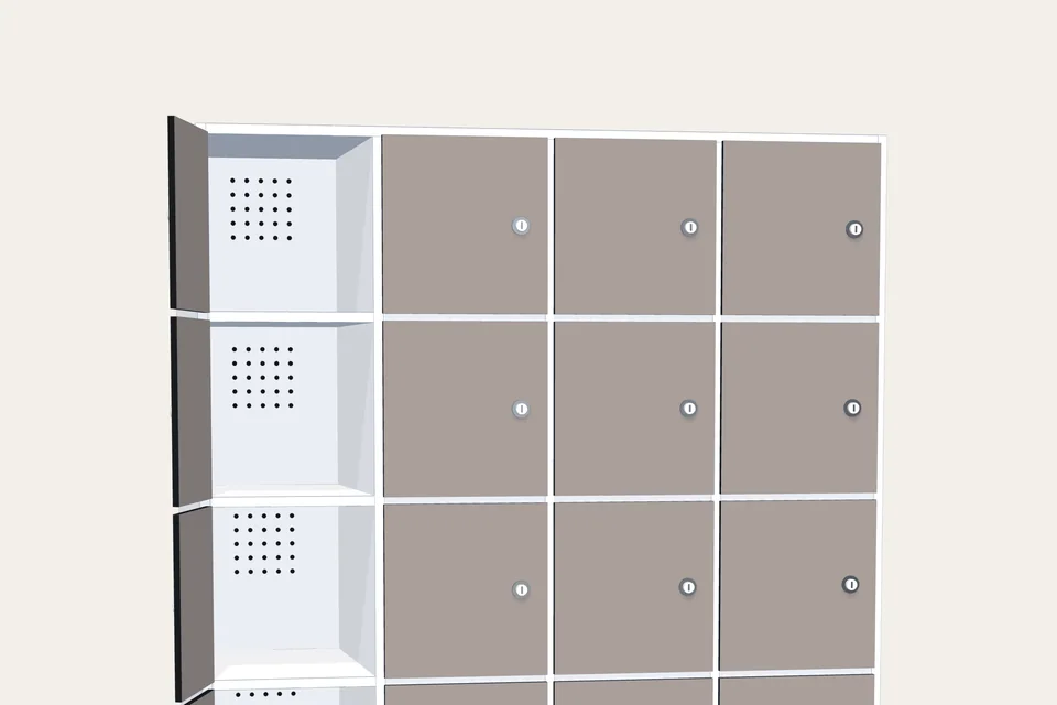 Render de una taquilla de casilleros con las puertas del primer cuerpo abiertas: la trasera de cada casillero, con sus taladros de ventilación