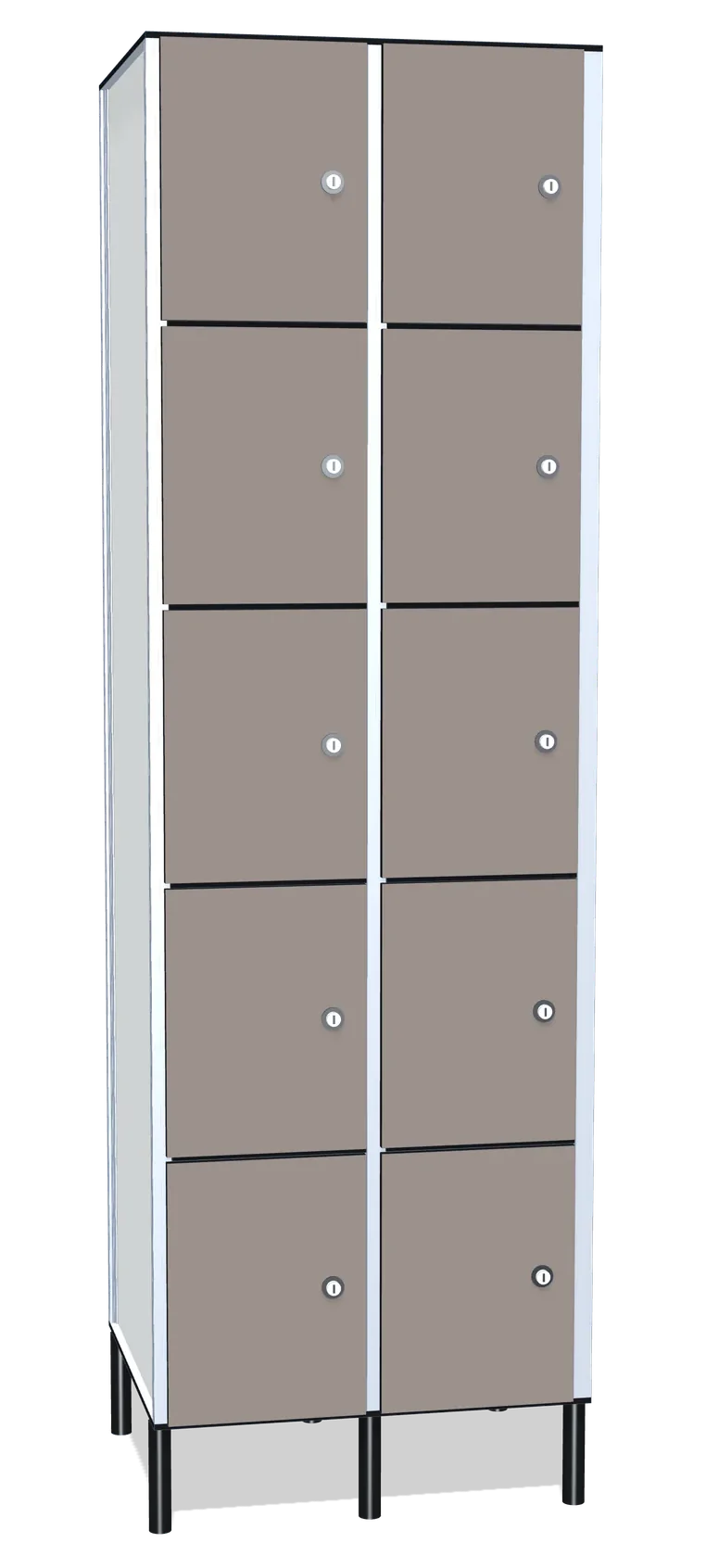 Render de una taquilla fenólica de casilleros de dos cuerpos y cinco puertas por cuerpo