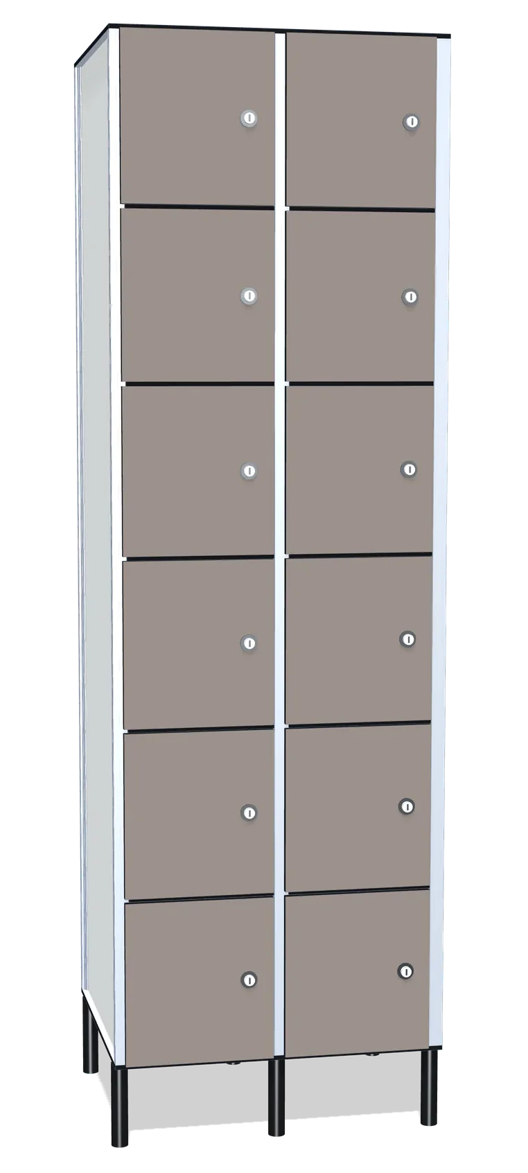 Render de una taquilla fenólica de casilleros de dos cuerpos y seis puertas por cuerpo