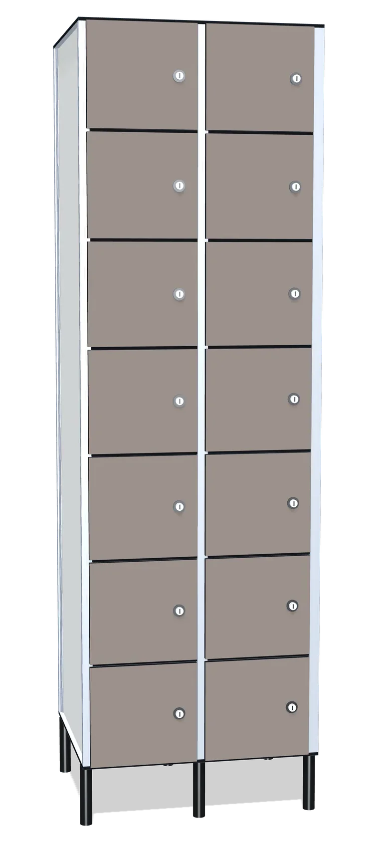 Render de una taquilla fenólica de casilleros de dos cuerpos y siete puertas por cuerpo