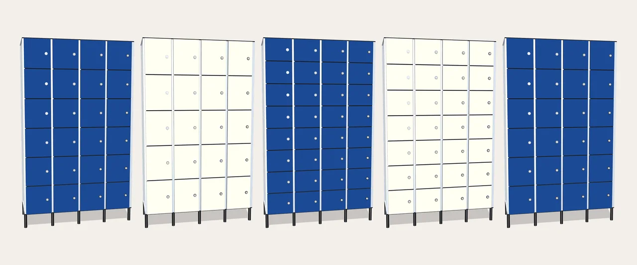 Render de una fila de cinco taquillas de casilleros de cuatro cuerpos, de 5 a 8 puertas por cuerpo, en azul y blanco