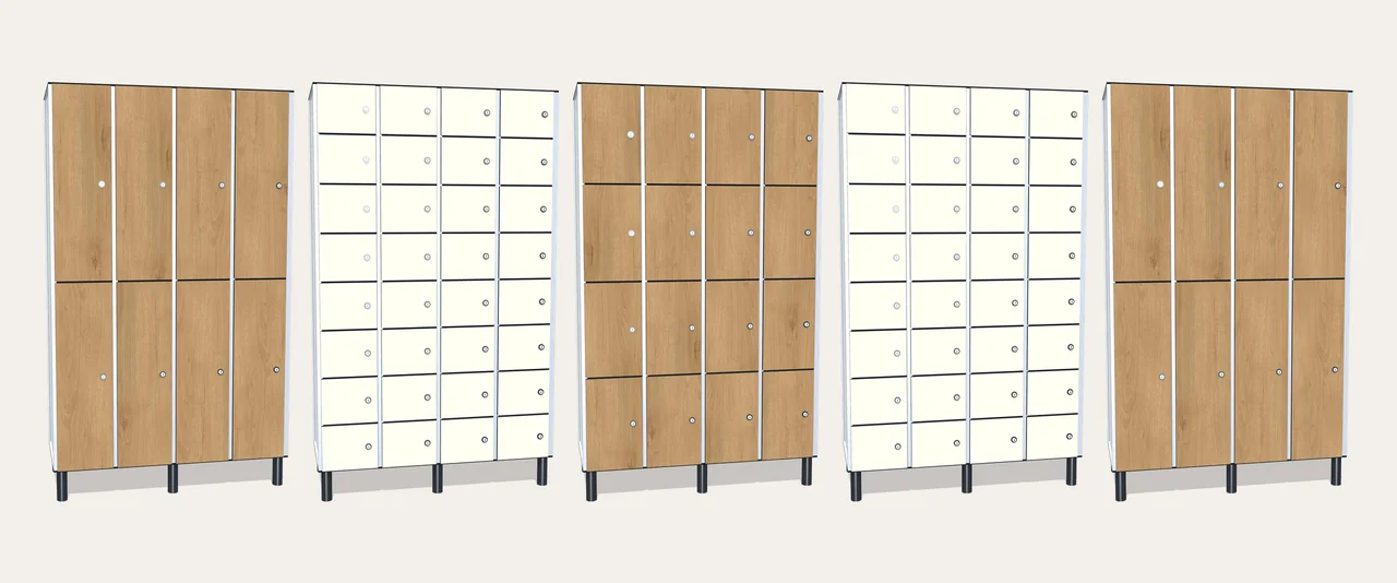 Render de una pared de consigna: taquillas de cuatro cuerpos de dos y de cuatro puertas en roble, para el equipaje y los bultos, entre casilleros de ocho puertas en blanco, para lo pequeño