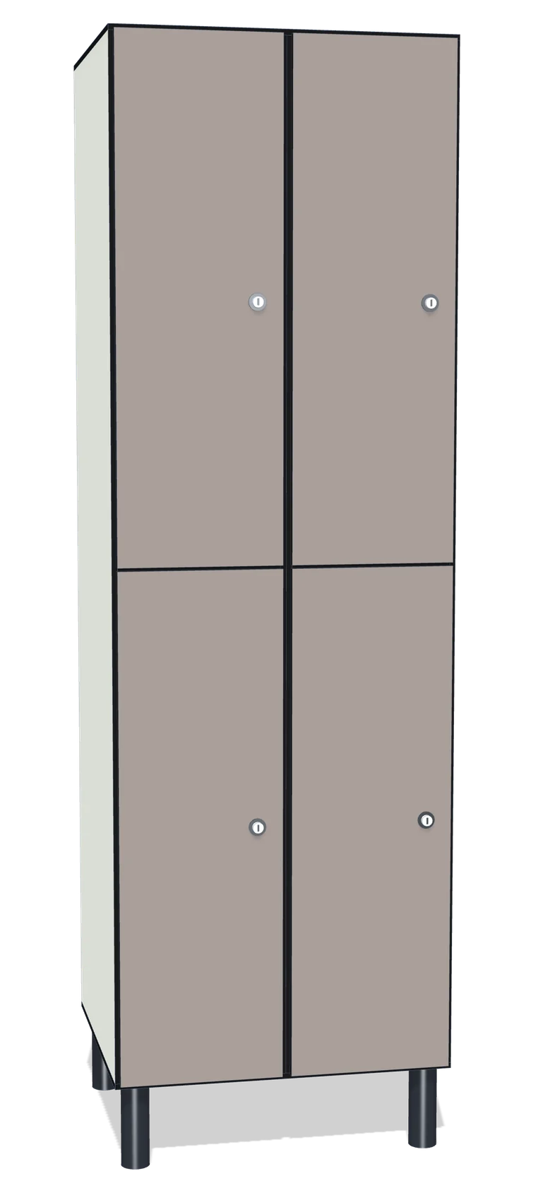 Render de una taquilla fenólica sin perfilería, de dos cuerpos y dos puertas por cuerpo: todo de compacto, con el canto negro a la vista