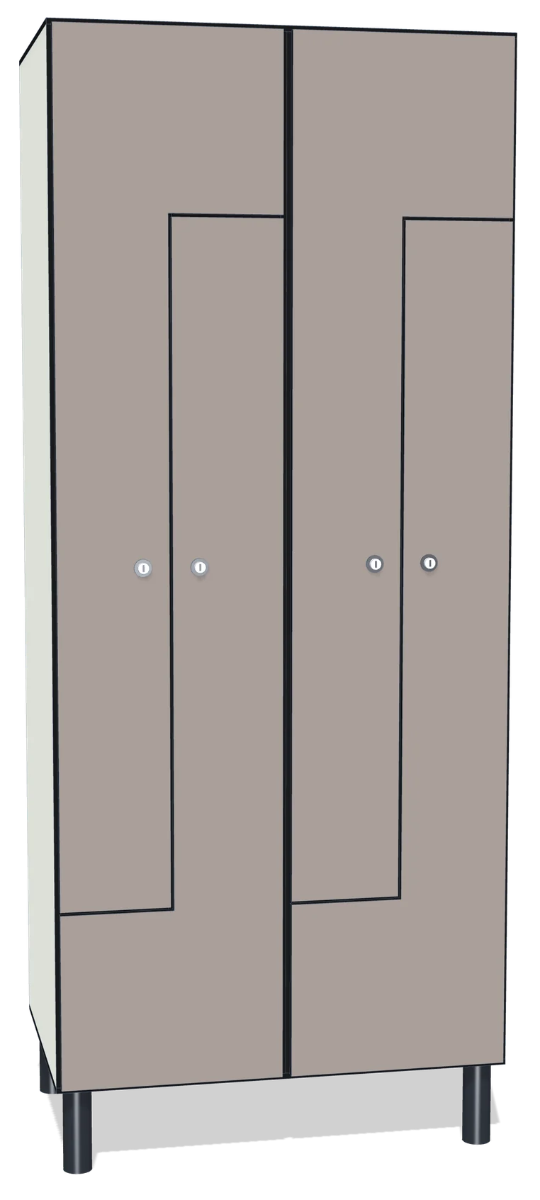 Render de una taquilla fenólica sin perfilería de dos cuerpos con puertas en L, dos usuarios por cuerpo, con el canto negro a la vista