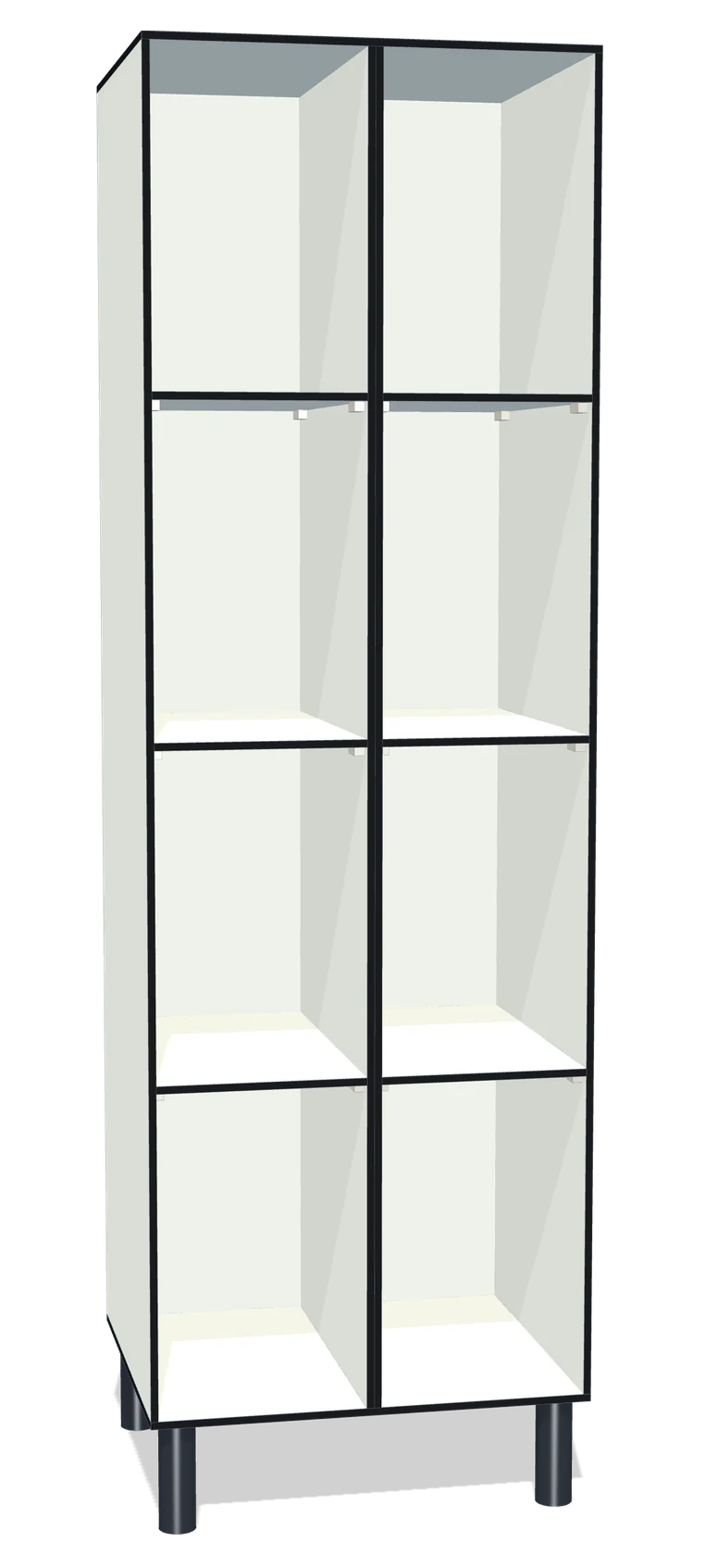Render de un casillero fenólico sin perfilería de dos cuerpos y cuatro huecos por cuerpo, sin puertas, con un solo costado entre cuerpos