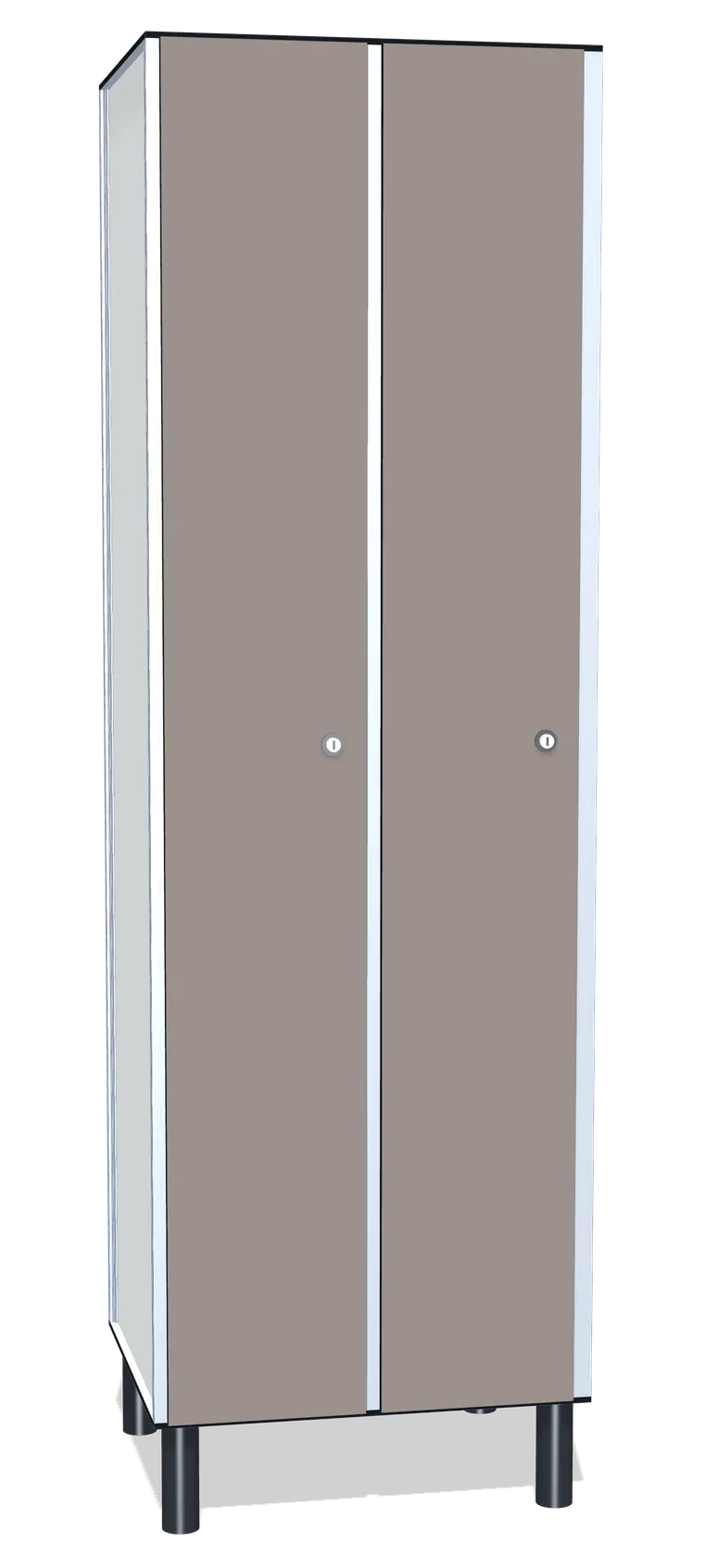 Render de una taquilla fenólica de dos cuerpos y una puerta entera por cuerpo, con perfil de aluminio y patas