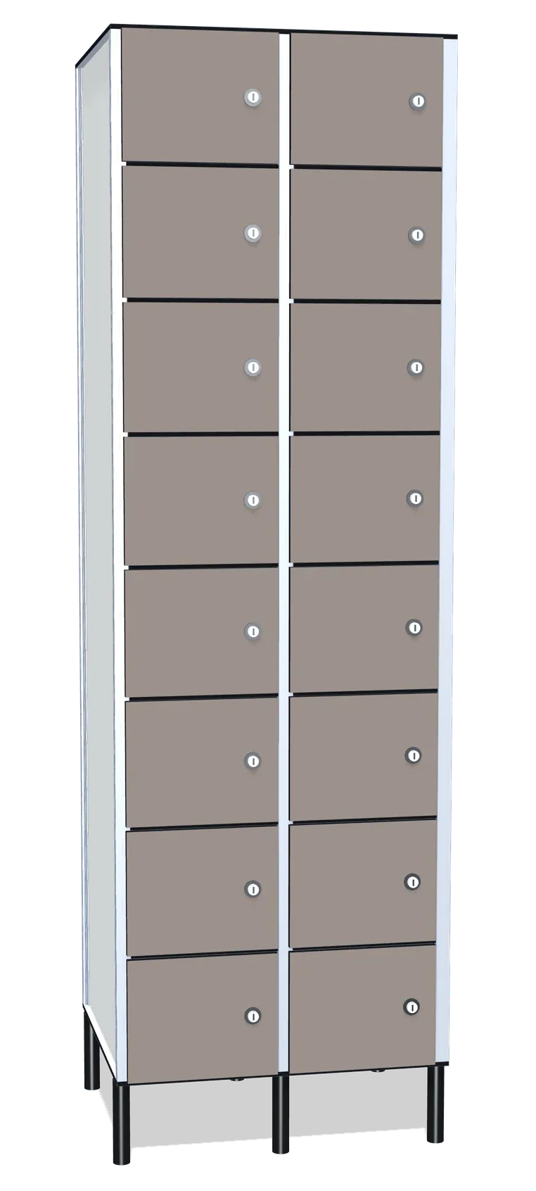 Render de una taquilla fenólica de dos cuerpos y ocho puertas por cuerpo, de casilleros pequeños